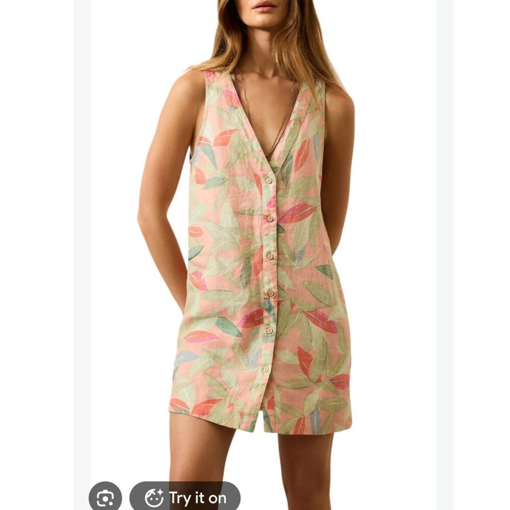 Faherty Alston Dress Small Linen Watercolor Tropical Floral Resort Button Front